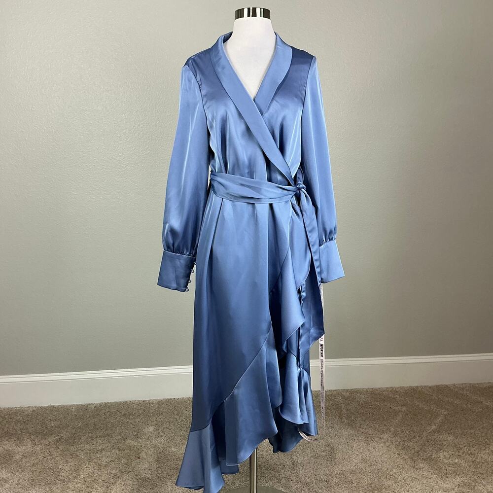 Mac Duggal 12506 Blue Wrap Cocktail Dress Satin Long Sleeve High Low Hem Size 8 - Picture 2 of 12